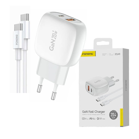 Foneng Charger EU41 Dual Ports (USB A+Type C) PD+QC 20W with Type C to Type C Cable White